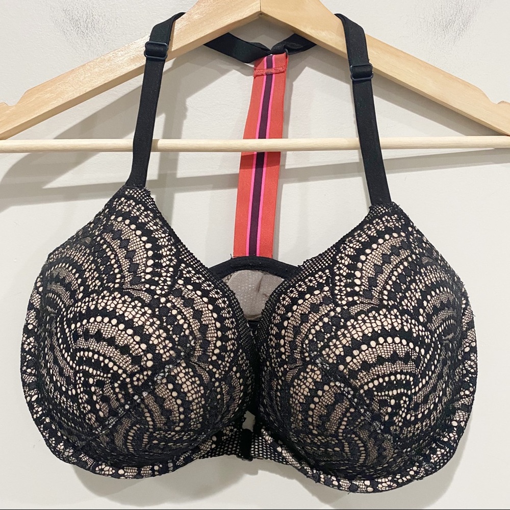 Lace Overlay T-Shirt Bra with Strappy Back - Black